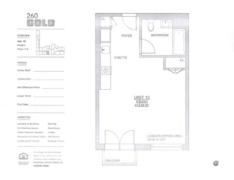 Floor plan for studio, 1 bath, 413 sqft